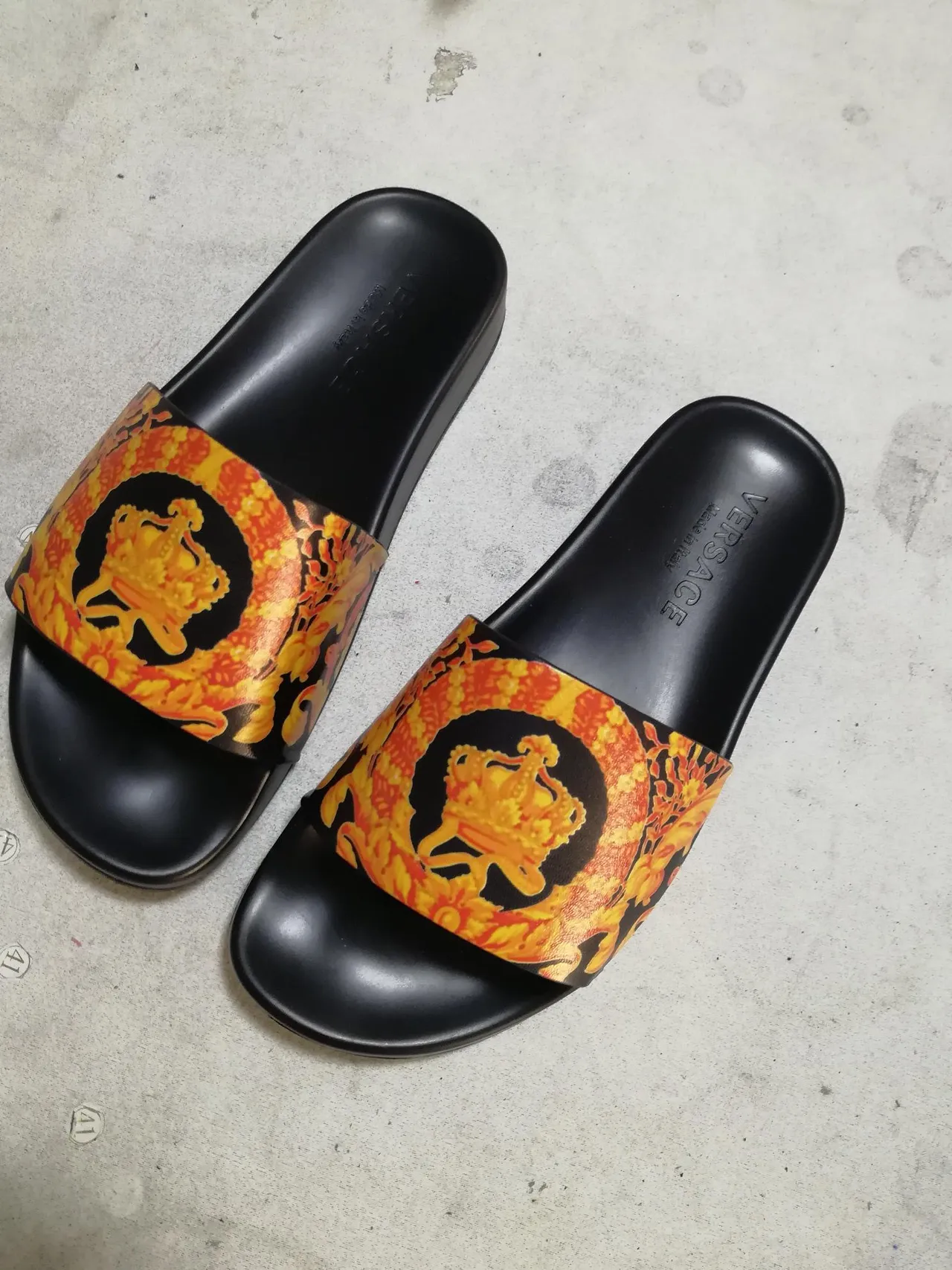 Versace Black Multicolor Molded Rubber Sole Bold Printed Strap Slippers 5