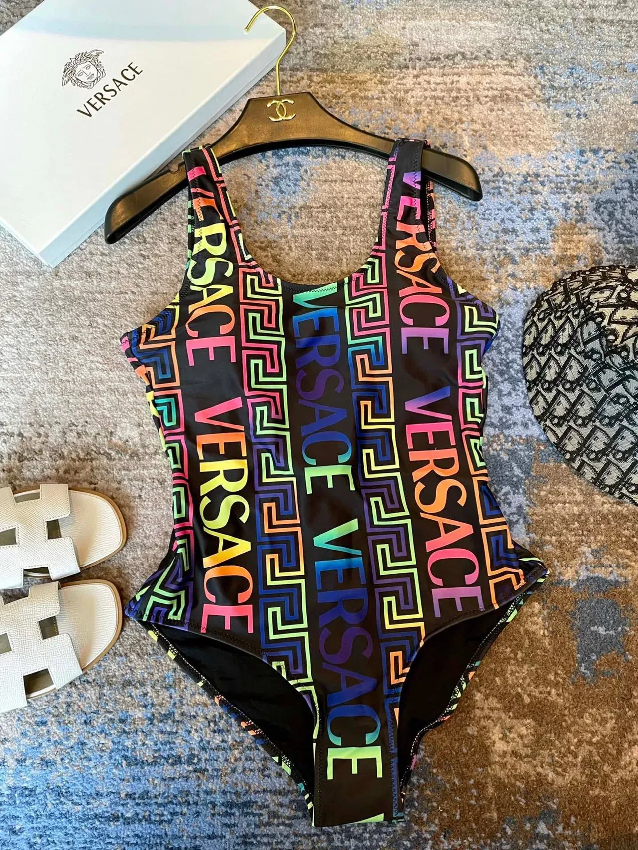 Versace Black Multicolor Square-Neck Thin-Strap Swimwear 6