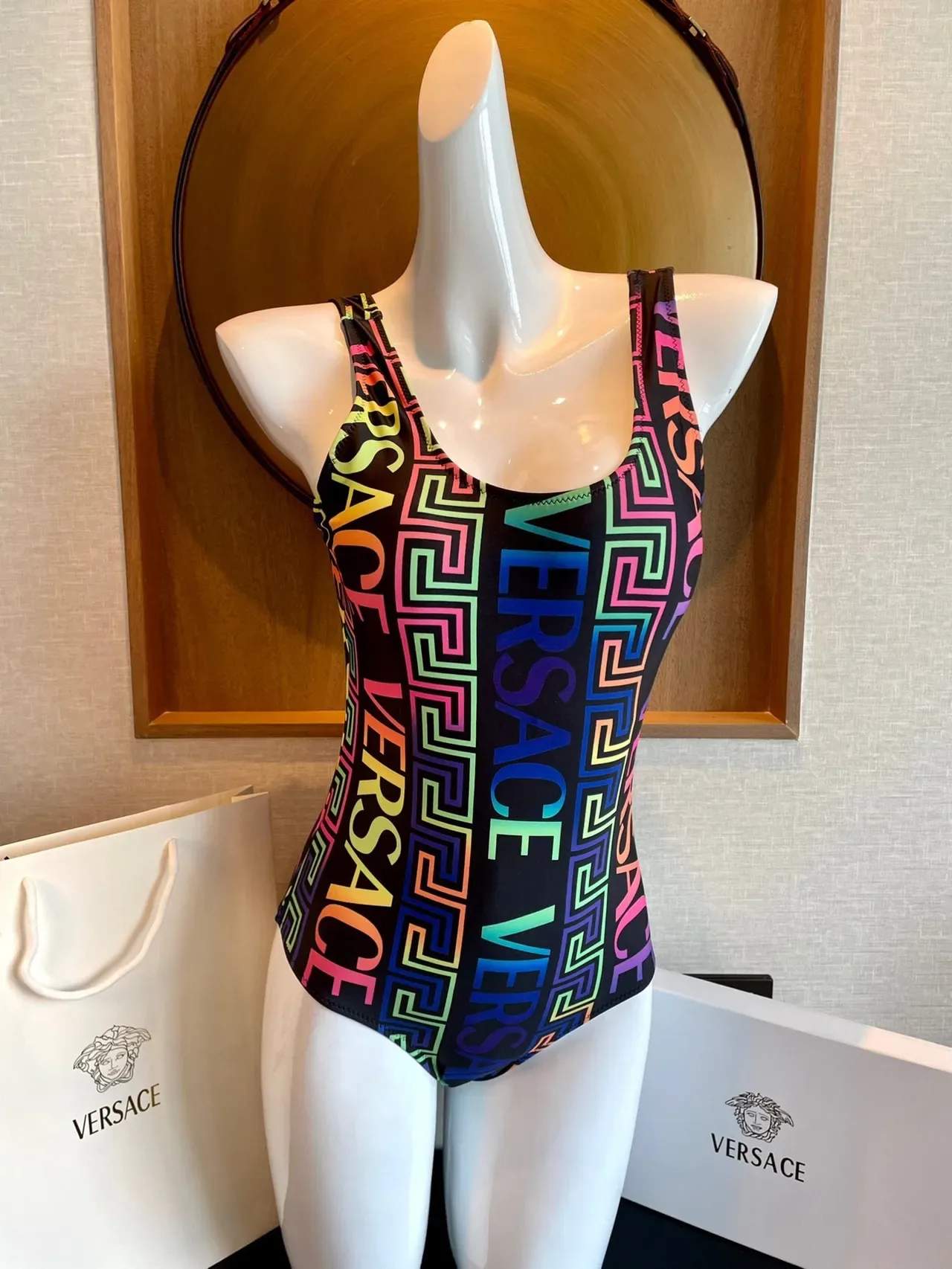 Versace Black Multicolor Square-Neck Thin-Strap Swimwear 9