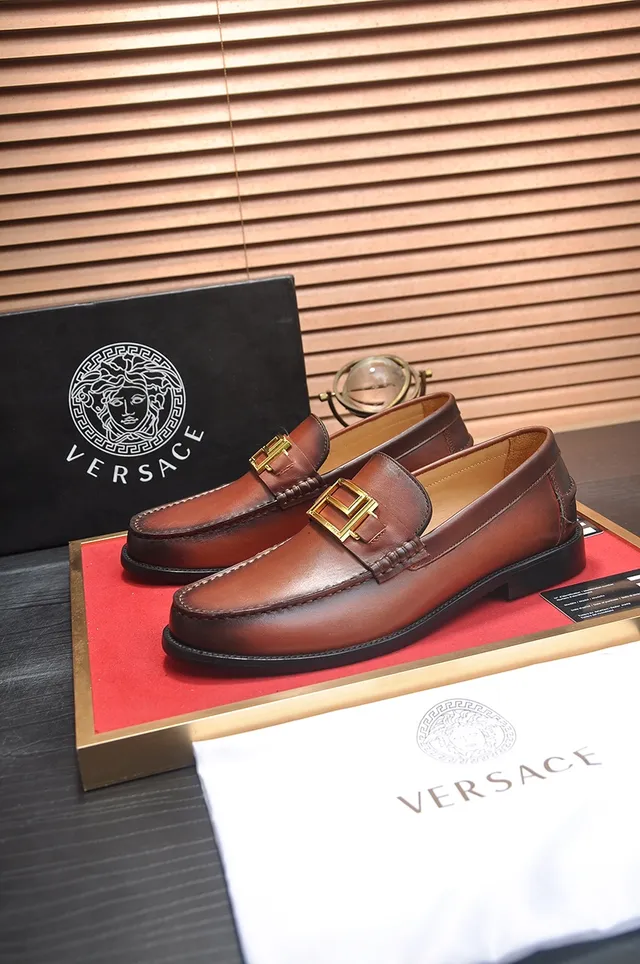 Versace Chain Reaction Brown Leather Buckle Loafers 4