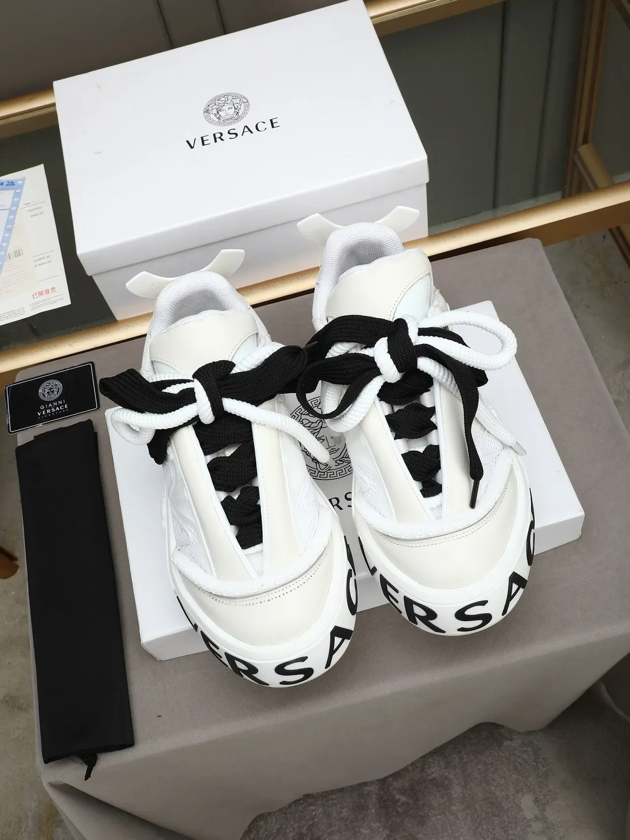 Versace Chain Reaction White Black Platform Sole Mesh And Leather Upper Chunky Sneakers 4