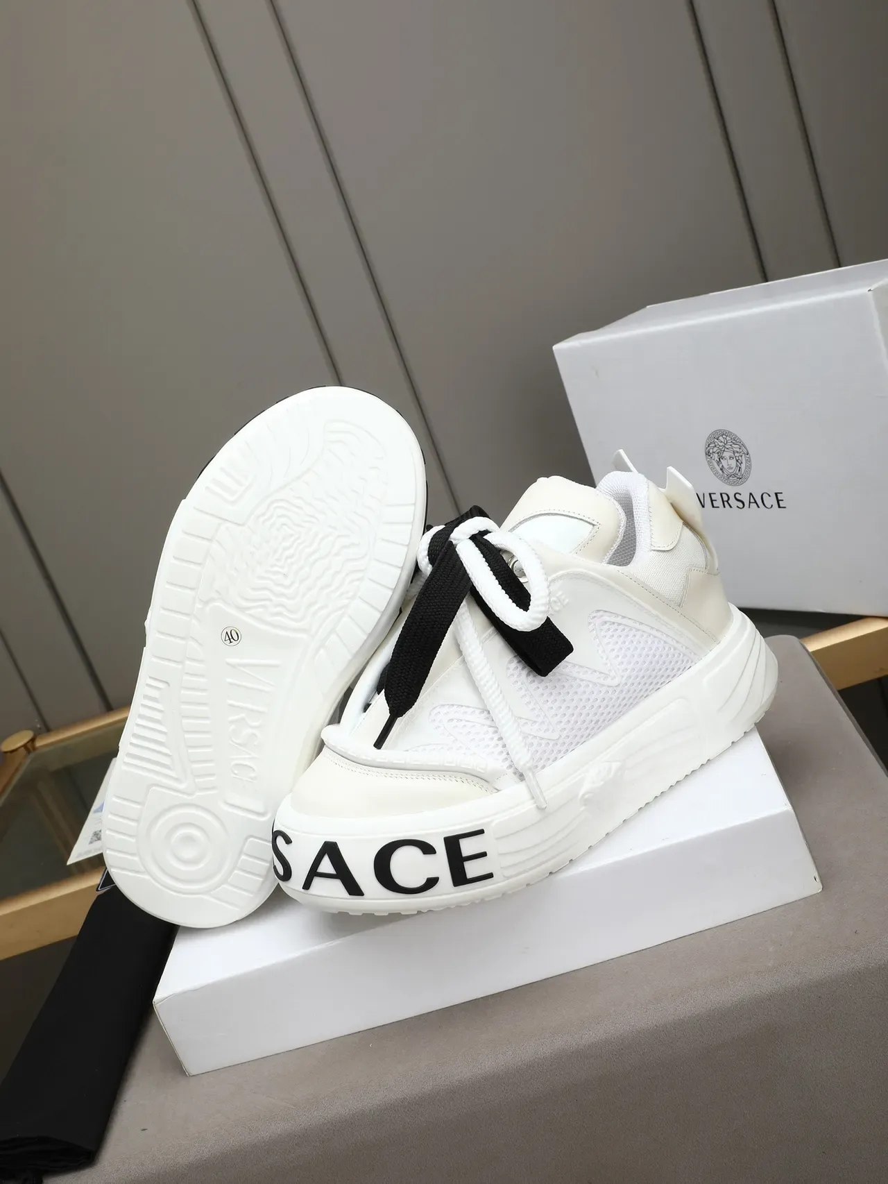 Versace Chain Reaction White Black Platform Sole Mesh And Leather Upper Chunky Sneakers 5