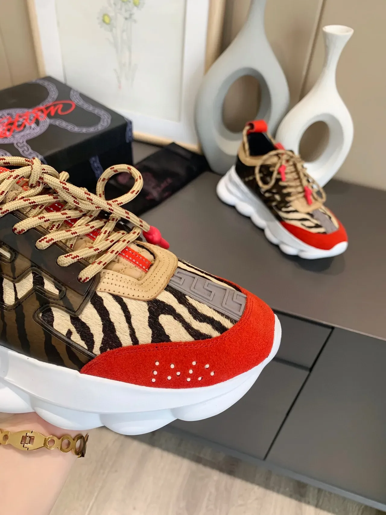 Versace Chain Reaction Zebra Print Red Chunky Sneakers 4