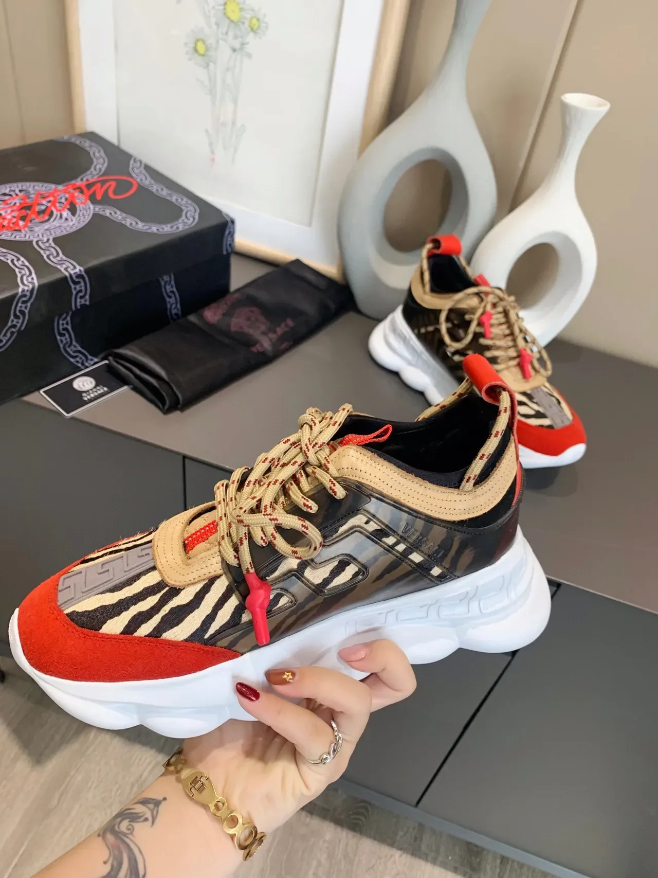 Versace Chain Reaction Zebra Print Red Chunky Sneakers 8