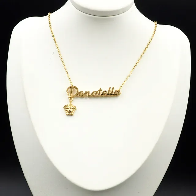 Versace Donatella Gold Chain Cursive Nameplate Pendant Necklace 3