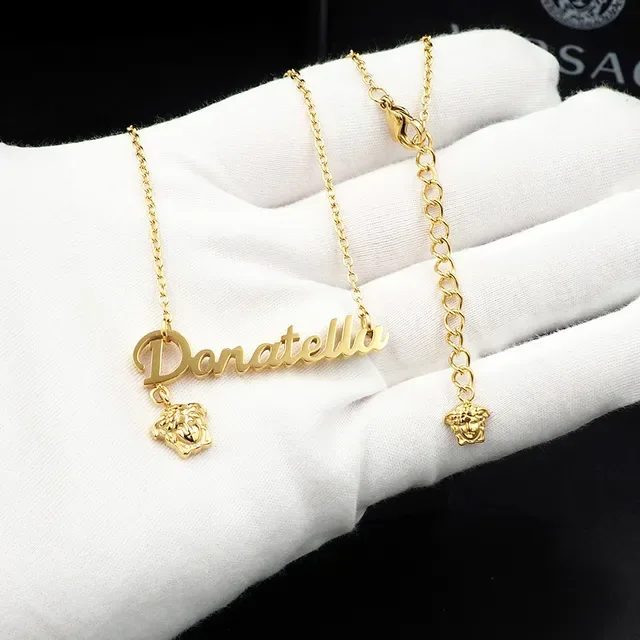 Versace Donatella Gold Chain Cursive Nameplate Pendant Necklace 7