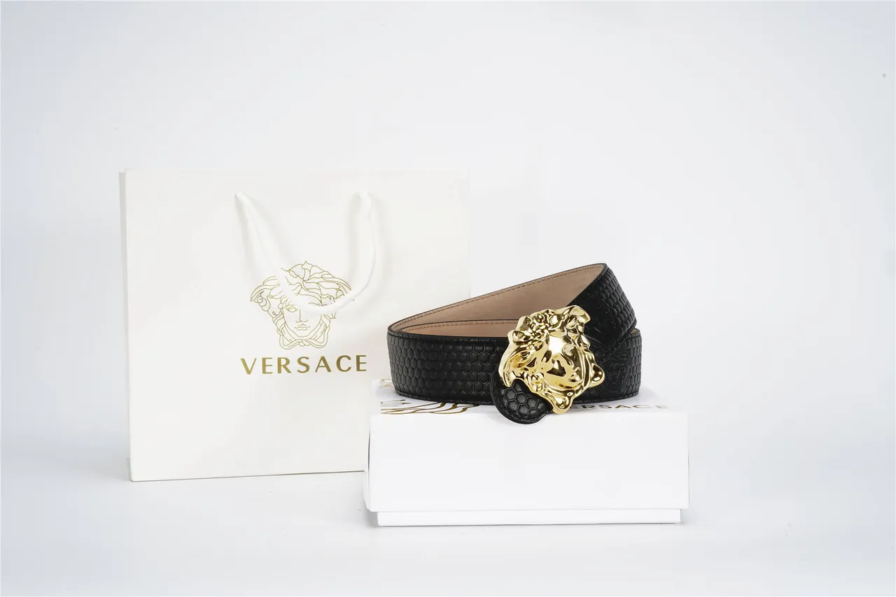 Versace Medusa Belt Black Gold Textured Hexagonal Buckle Leather Belt 4