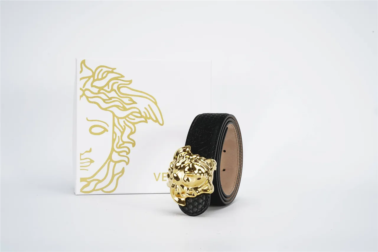 Versace Medusa Belt Black Gold Textured Hexagonal Buckle Leather Belt 5