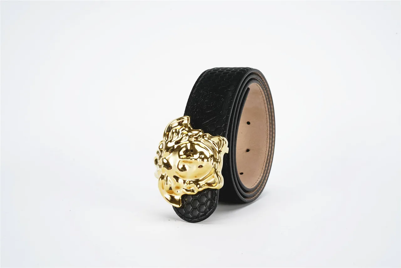 Versace Medusa Belt Black Gold Textured Hexagonal Buckle Leather Belt 6