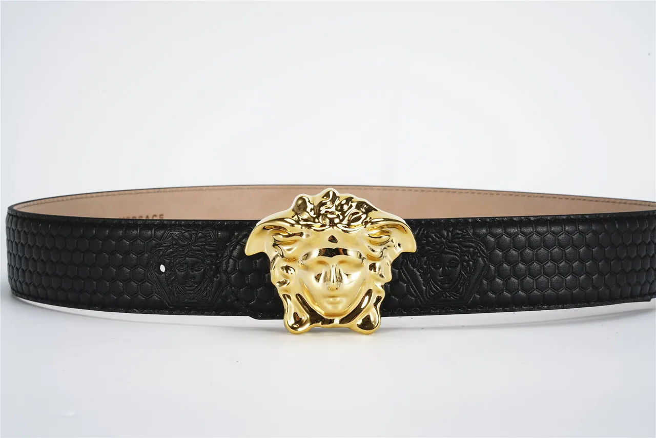 Versace Medusa Belt Black Gold Textured Hexagonal Buckle Leather Belt 8