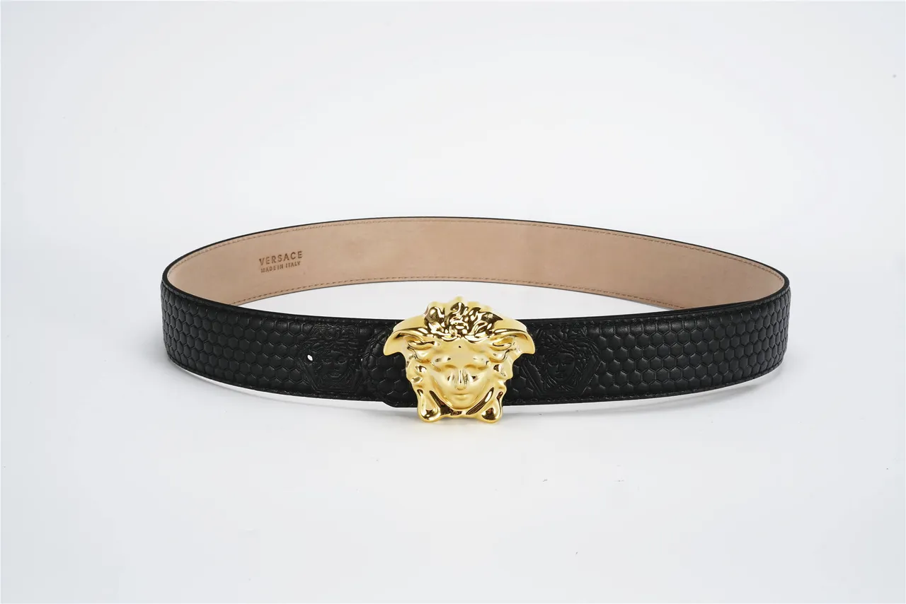 Versace Medusa Belt Black Gold Textured Hexagonal Buckle Leather Belt 9
