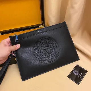 Versace Medusa Black Embossed Head Greek Key Border Envelope Clutch
