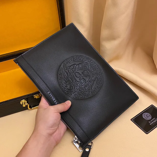 Versace Medusa Noir Tête Embossée Bord Clé Grecque Pochette 7