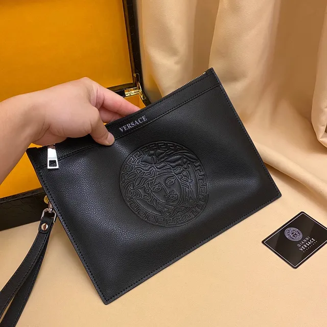 Versace Medusa Noir Tête Embossée Bord Clé Grecque Pochette 8