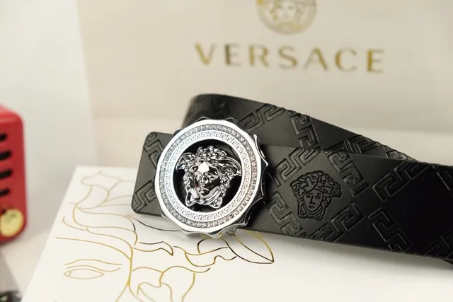 Versace Medusa Greca Embossed Black Leather Belt 2