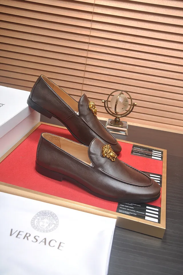 Versace Medusa Head Mocassin Cuir Brun Garniture Dorée 6