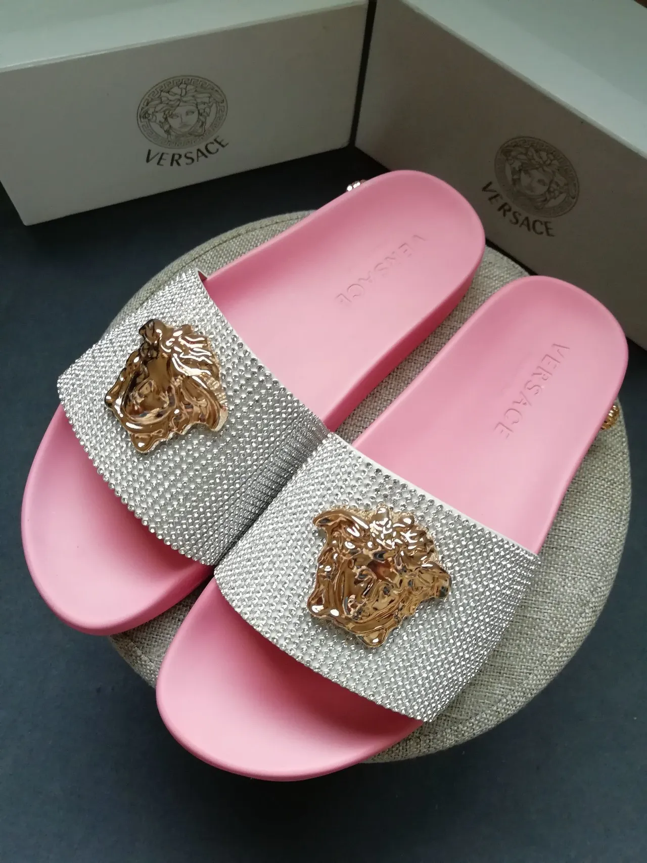 Versace Medusa Slide Pink Crystal Strap Slippers 2