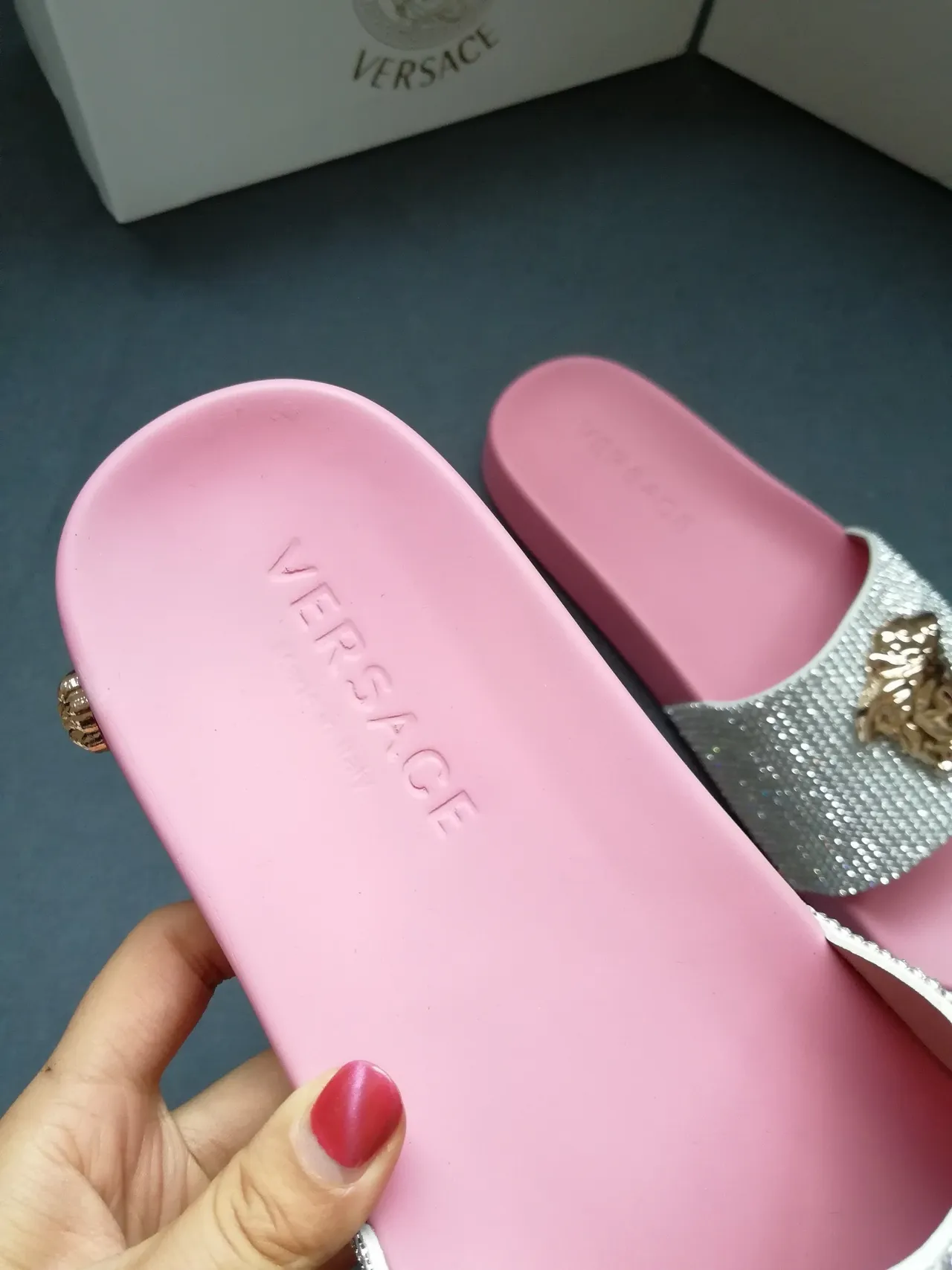 Versace Medusa Slide Pink Crystal Strap Slippers 3