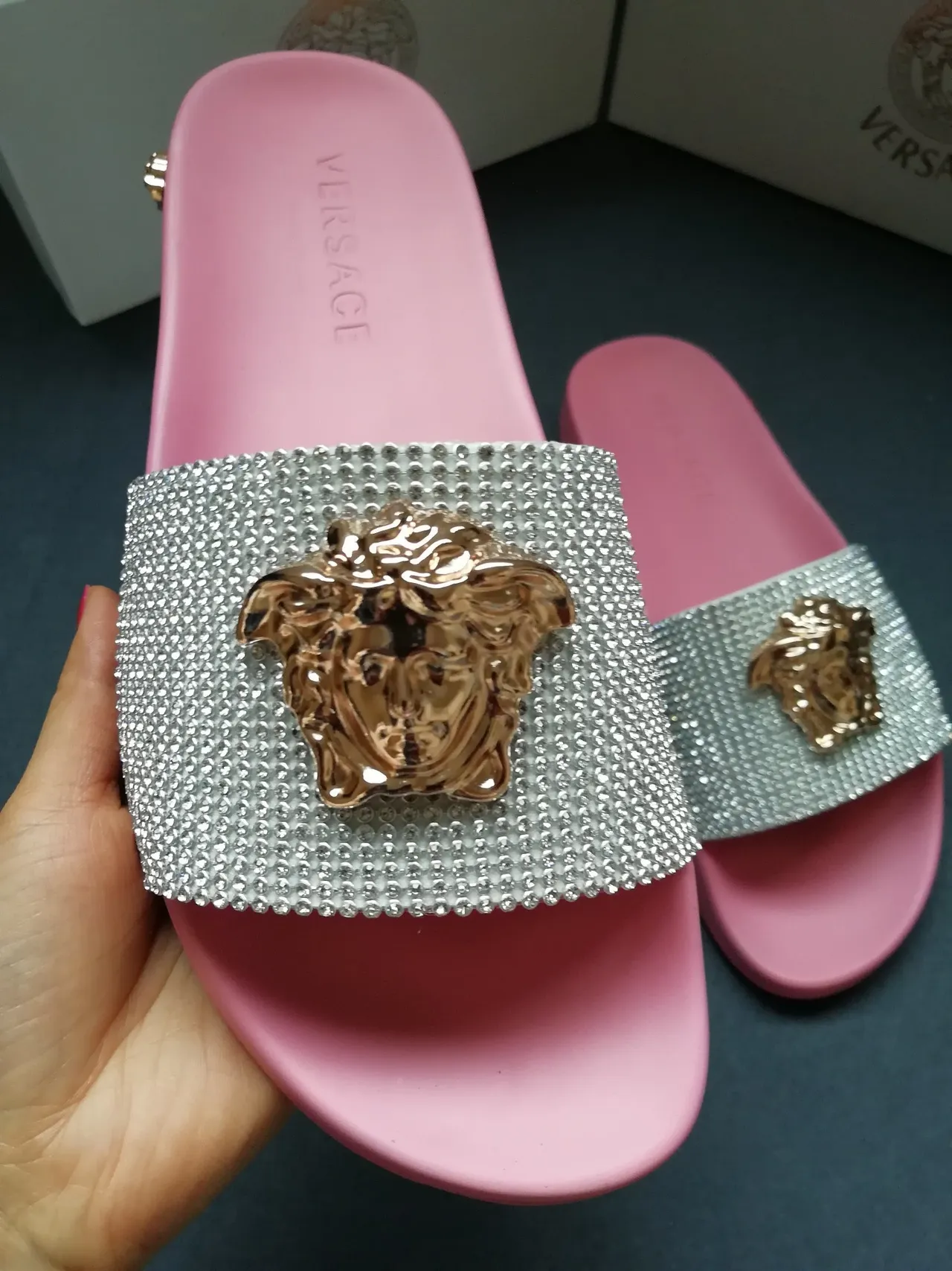 Versace Medusa Slide Pink Crystal Strap Slippers 4