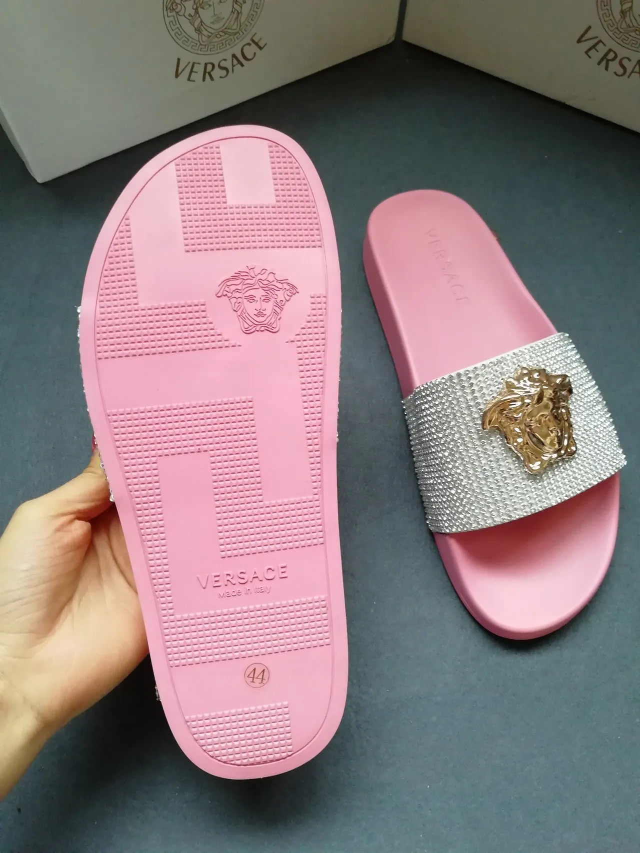 Versace Medusa Slide Pink Crystal Strap Slippers 5