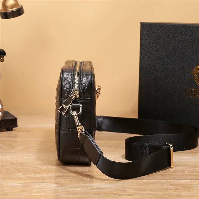 Versace Odissea Black Gold Crocodile-Embossed Leather Medusa Medallion Camera Bag 5