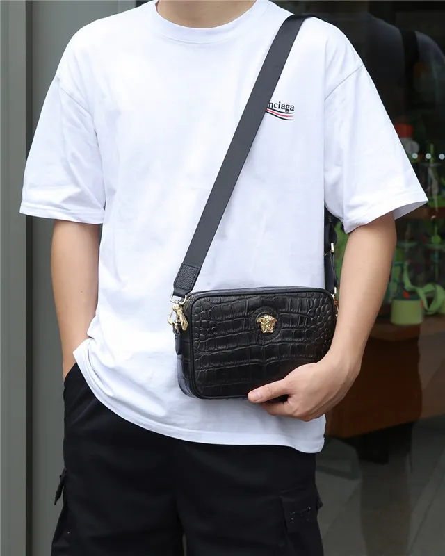 Versace Odissea Black Gold Crocodile-Embossed Leather Medusa Medallion Camera Bag 9
