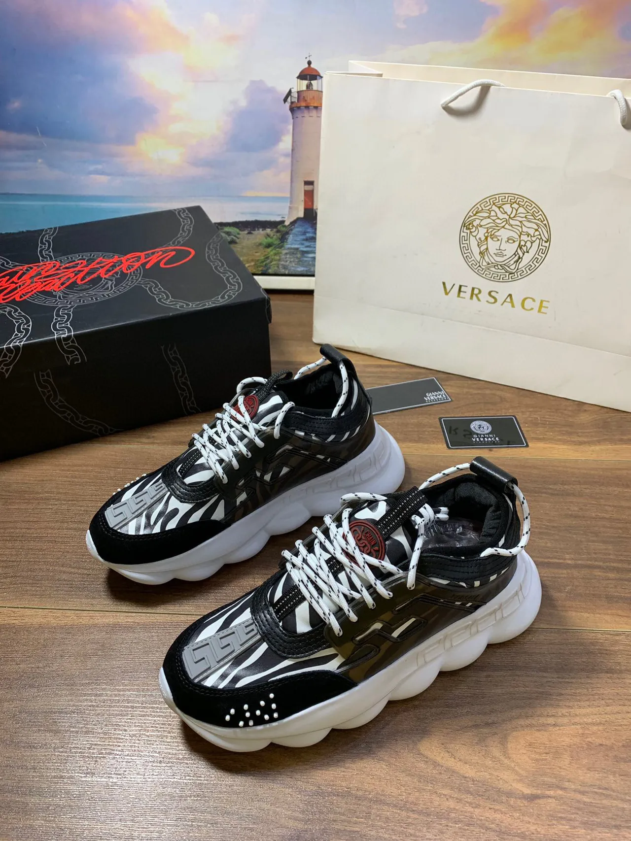 Versace Odissea Greca Pattern Black and White Chunky Sneakers 8