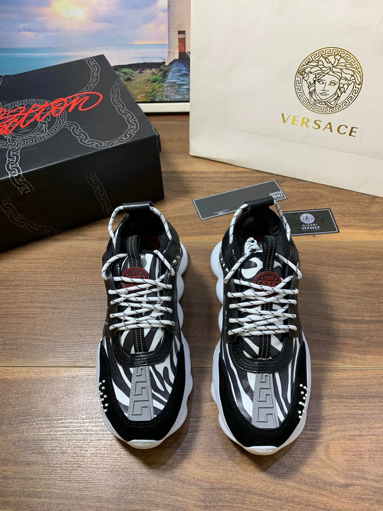 Versace Odissea Greca Pattern Black and White Chunky Sneakers 9