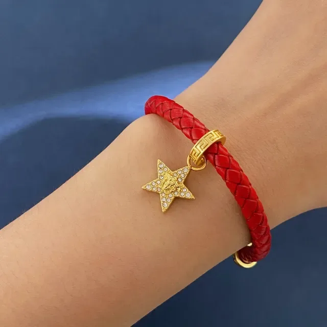 Versace Red Gold Braided Leather Metal Bracelet 2