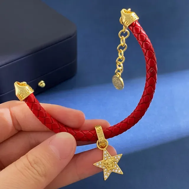 Versace Red Gold Braided Leather Metal Bracelet 3