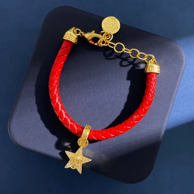 Versace Red Gold Braided Leather Metal Bracelet 4