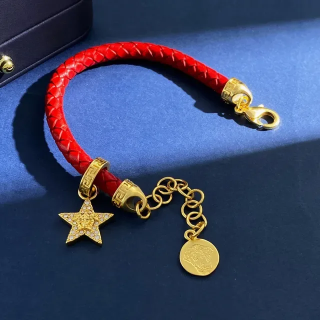 Versace Red Gold Braided Leather Metal Bracelet 6