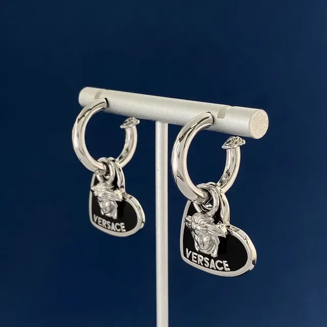 Versace Silver Black Heart-Shaped Enamel Earrings 4