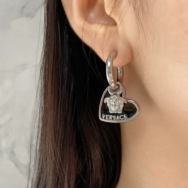 Versace Silver Black Heart-Shaped Enamel Earrings 6