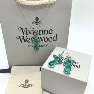 Vivienne Westwood Orb Collection Green Silver Motif Faceted Stones Earrings