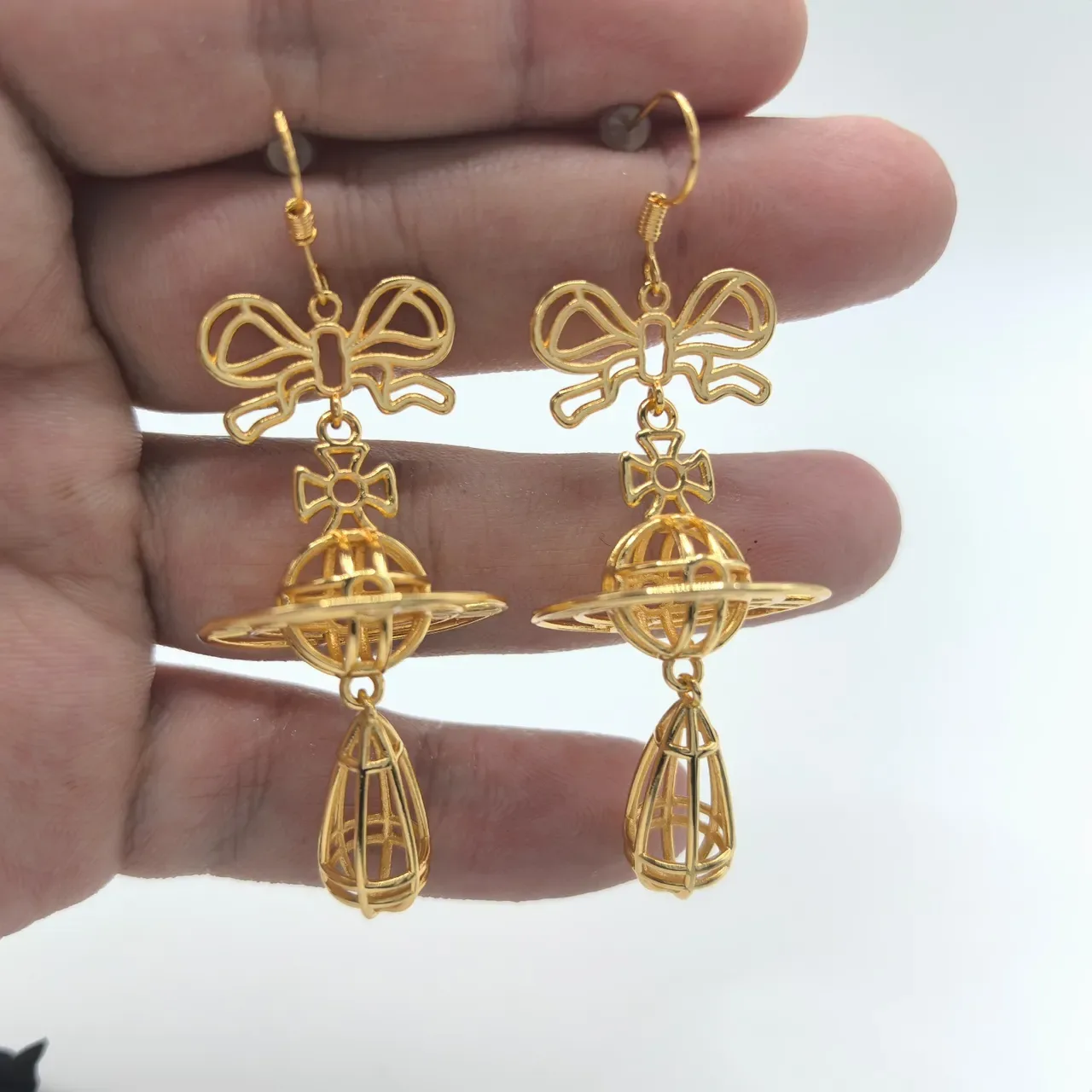Vivienne Westwood Orb Gold Silver Openwork Wireframe Bow-Top Earrings 5
