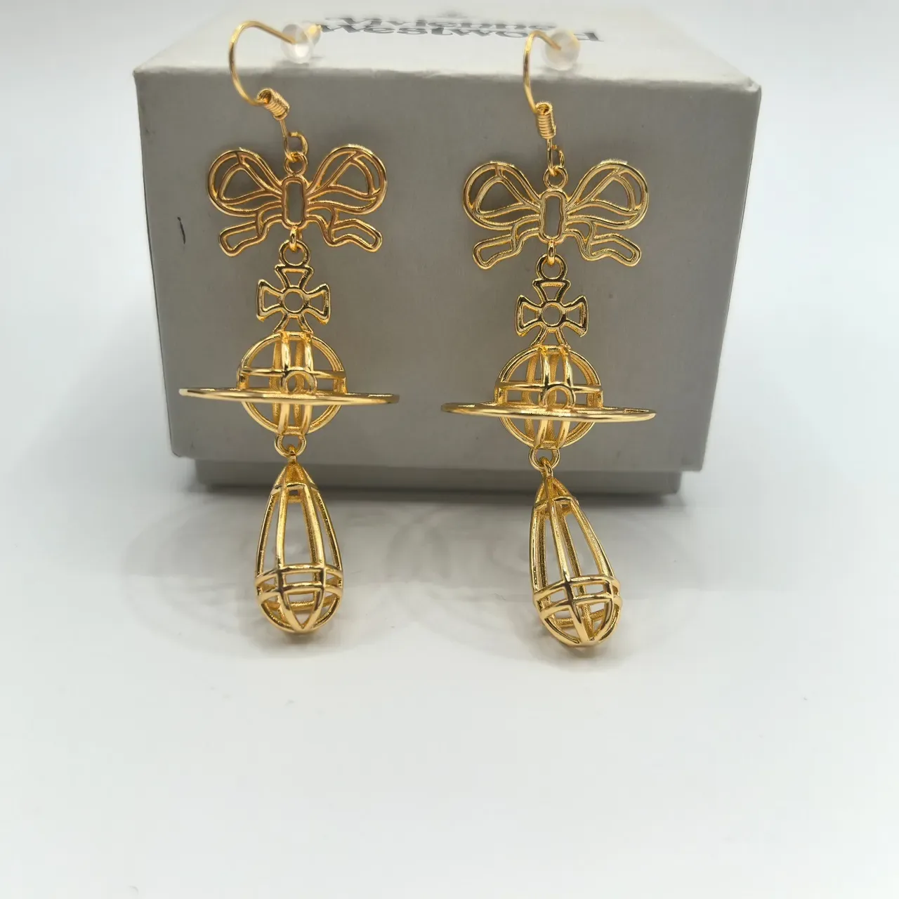 Vivienne Westwood Orb Gold Silver Openwork Wireframe Bow-Top Earrings 6