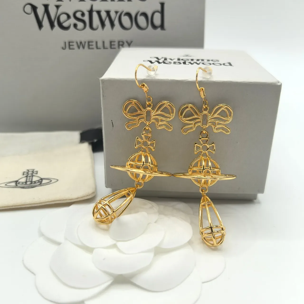 Vivienne Westwood Orb Gold Silver Openwork Wireframe Bow-Top Earrings 7