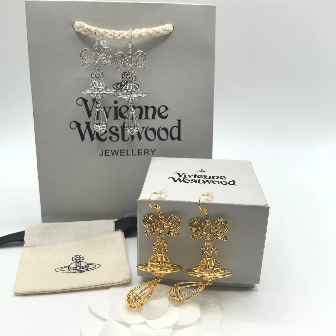 Vivienne Westwood Orb Gold Silver Openwork Wireframe Bow-Top Earrings 9