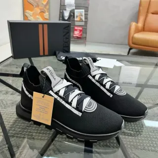 Zegna কালো ধূসর বোনা মোজা কলার নির্মাণ একীভূত স্ট্র্যাপ লেসিং জীবনধারা স্নিকার্স