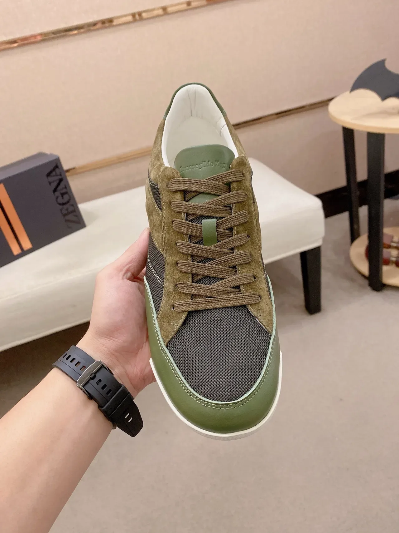Zegna Verde Oliva e Taupe Sneakers Lifestyle de Material Misto 2
