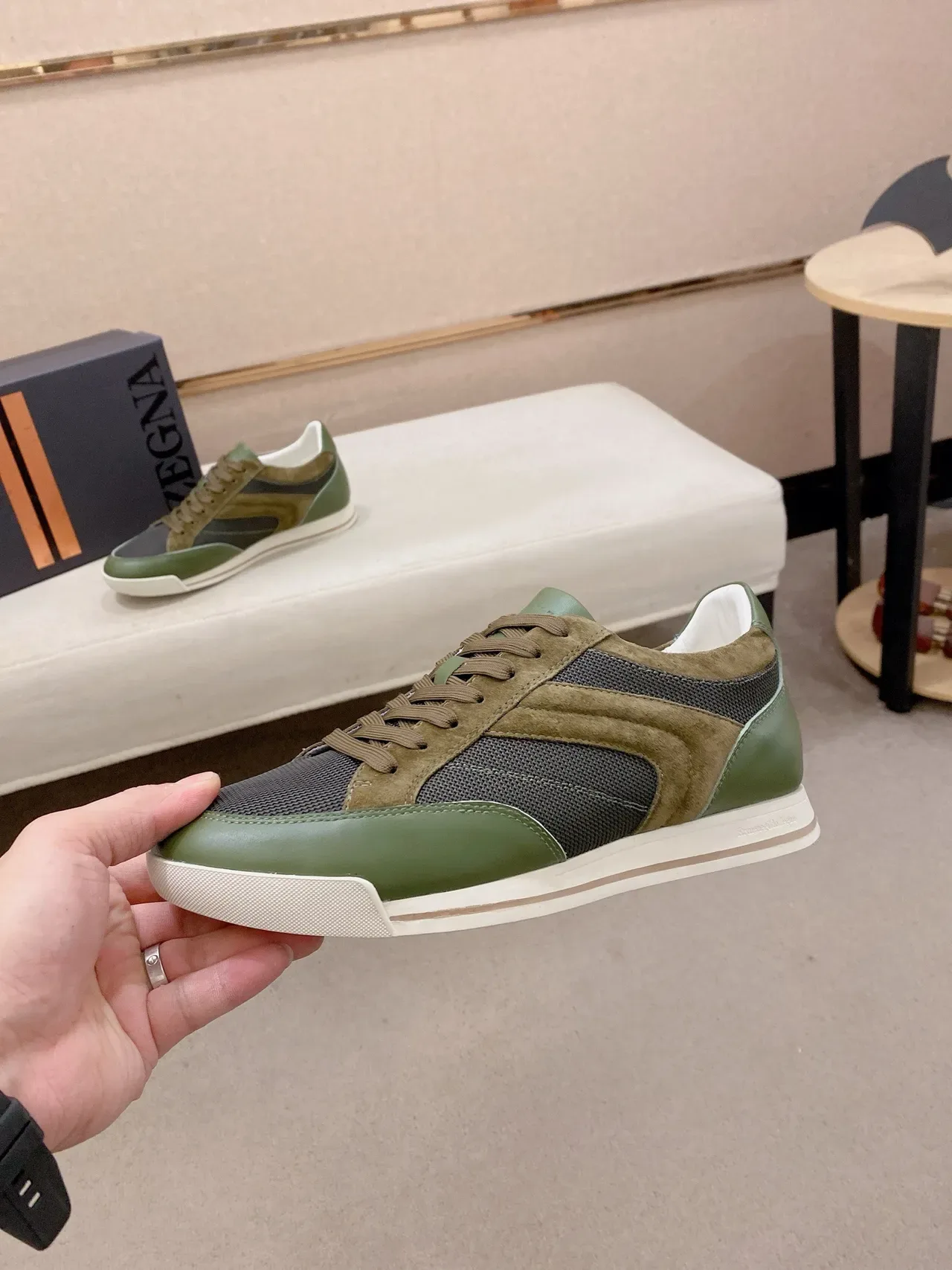 Zegna Verde Oliva e Taupe Sneakers Lifestyle de Material Misto 3