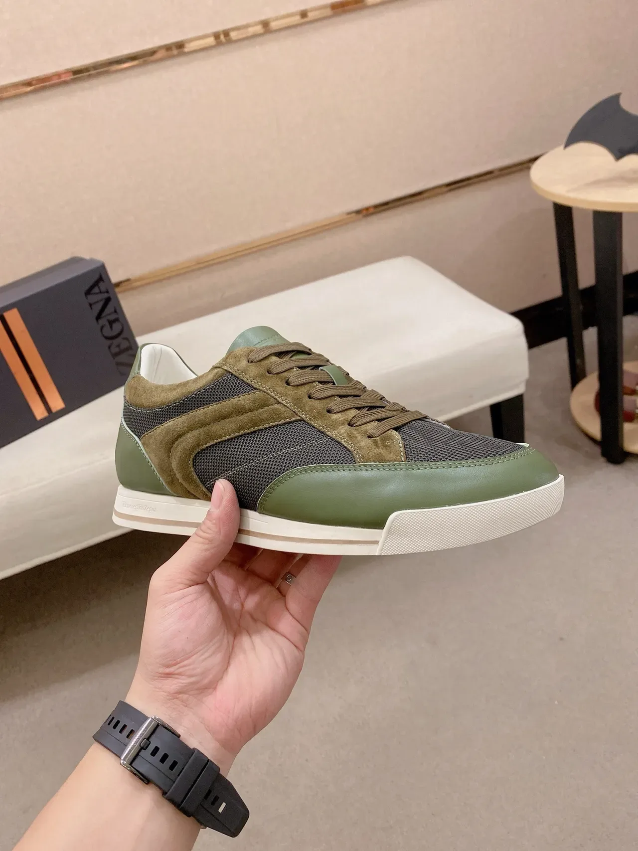 Zegna Verde Oliva e Taupe Sneakers Lifestyle de Material Misto 4