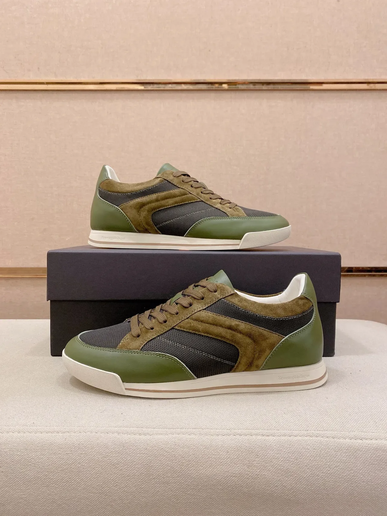 Zegna Verde Oliva e Taupe Sneakers Lifestyle de Material Misto 8