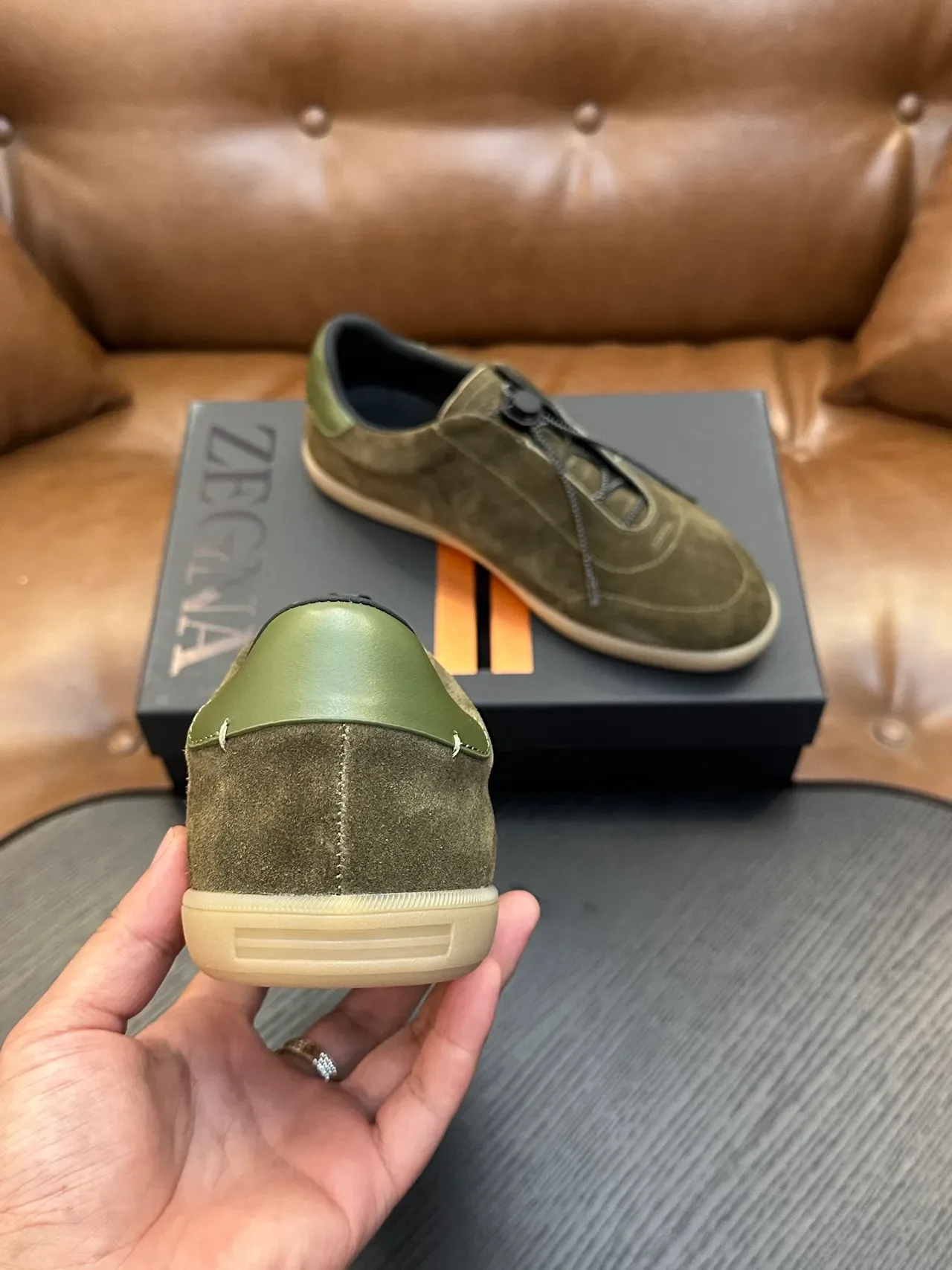 Zegna Olive Green Suede Zipper Slip-On Lifestyle Sneaker 3