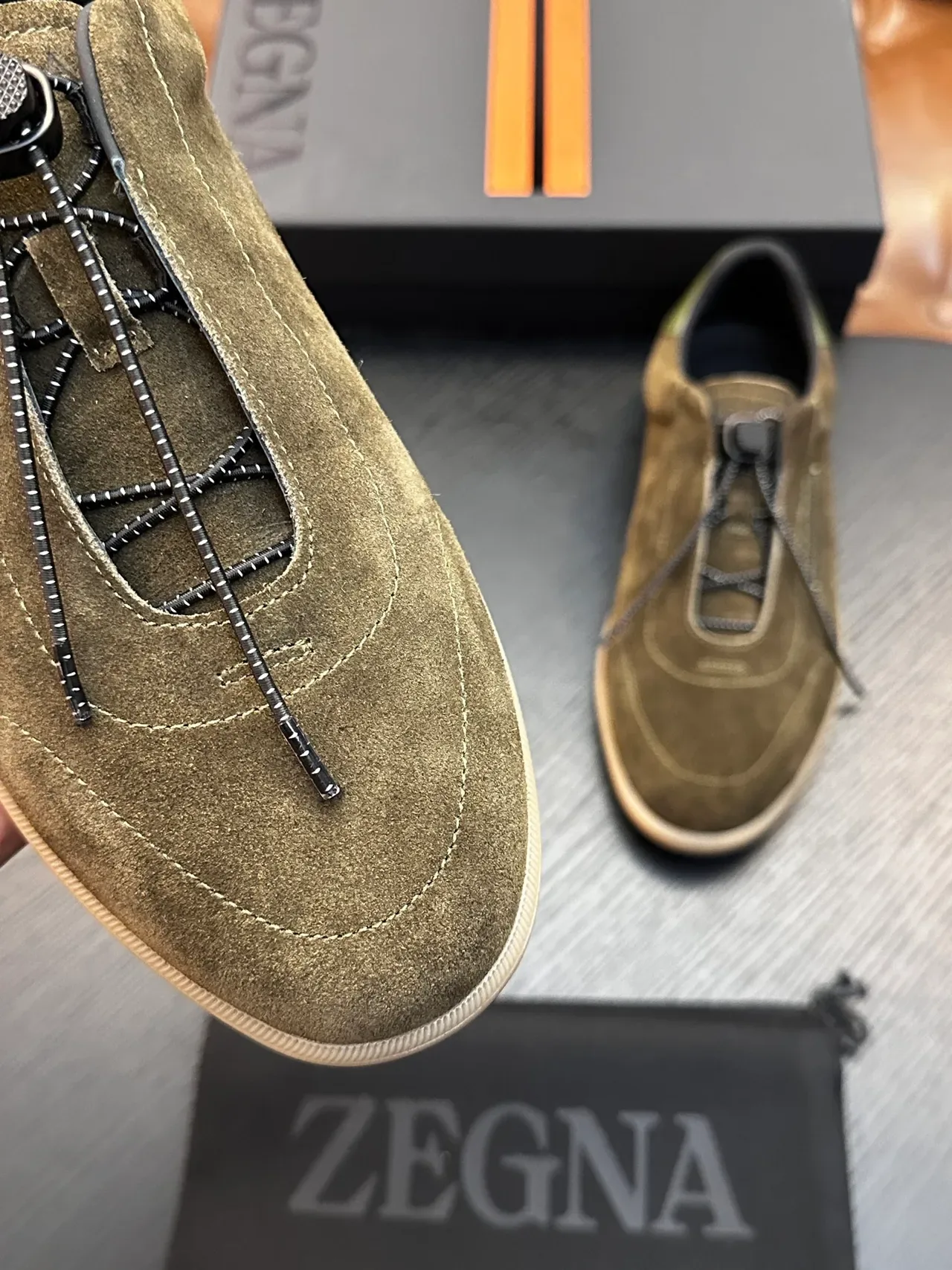 Zegna Olive Green Suede Zipper Slip-On Lifestyle Sneaker 4