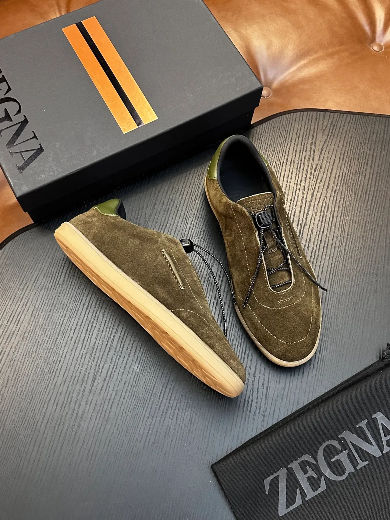 Zegna Olive Green Suede Zipper Slip-On Lifestyle Sneaker 5