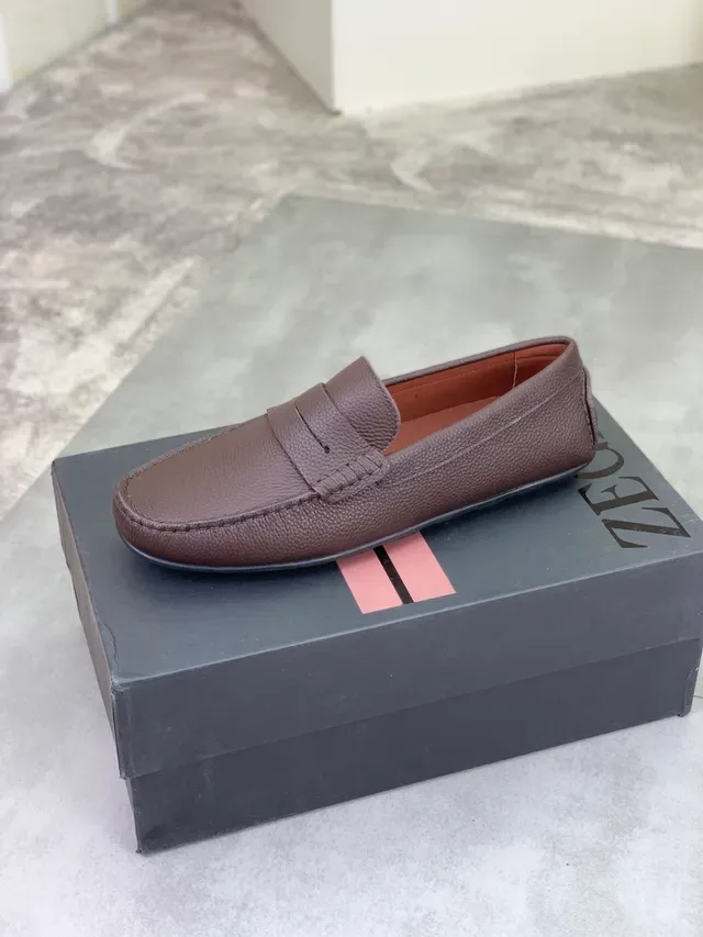 Zegna भूरा पेबल्ड लेदर पेनी लोफर्स 4
