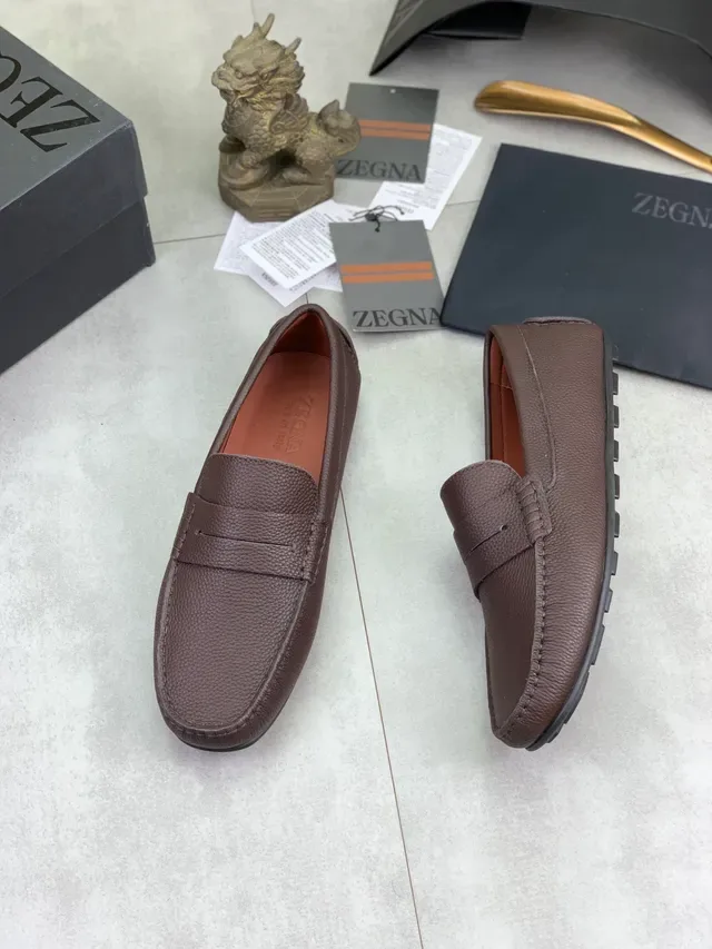 Zegna भूरा पेबल्ड लेदर पेनी लोफर्स 5
