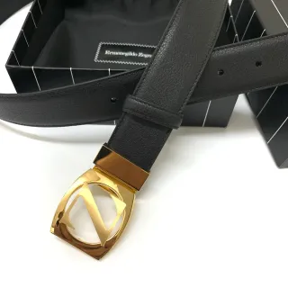 Zegna Z Monogram 扣带腰带 黑色金色 全粒面皮带 抛光盾形皮革腰带
